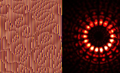 Hologram encoding a quvigint (left), such as that photographed during the experiment (right). Image credit: Markus Rambach Hologram encoding a quvigint (left), such as that photographed during the experiment (right). Image credit: Markus Rambach